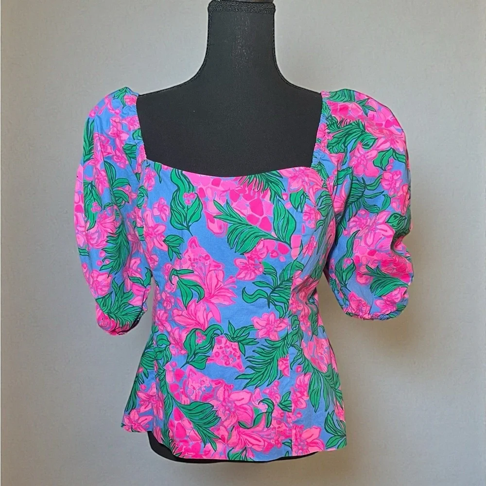 Lilly Pulitzer Pink & Green Floral Puff-Sleeve Square-Neck Blouse